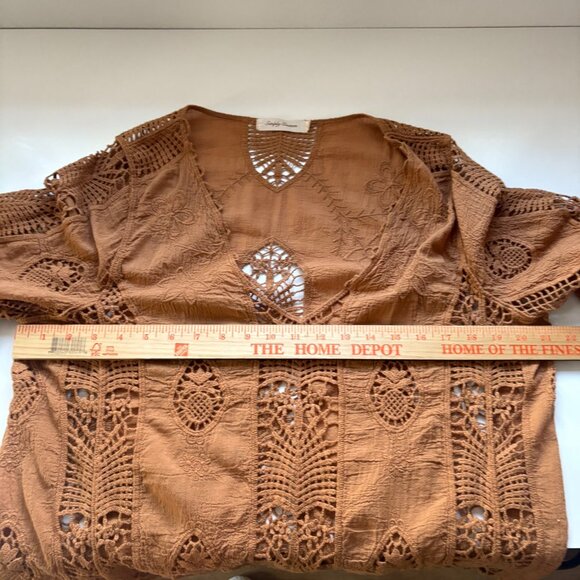 Boho Chic Crochet Lace Open Weave Burnt Orange Brown Large Top Cottage Lagenlook - Picture 7 of 7